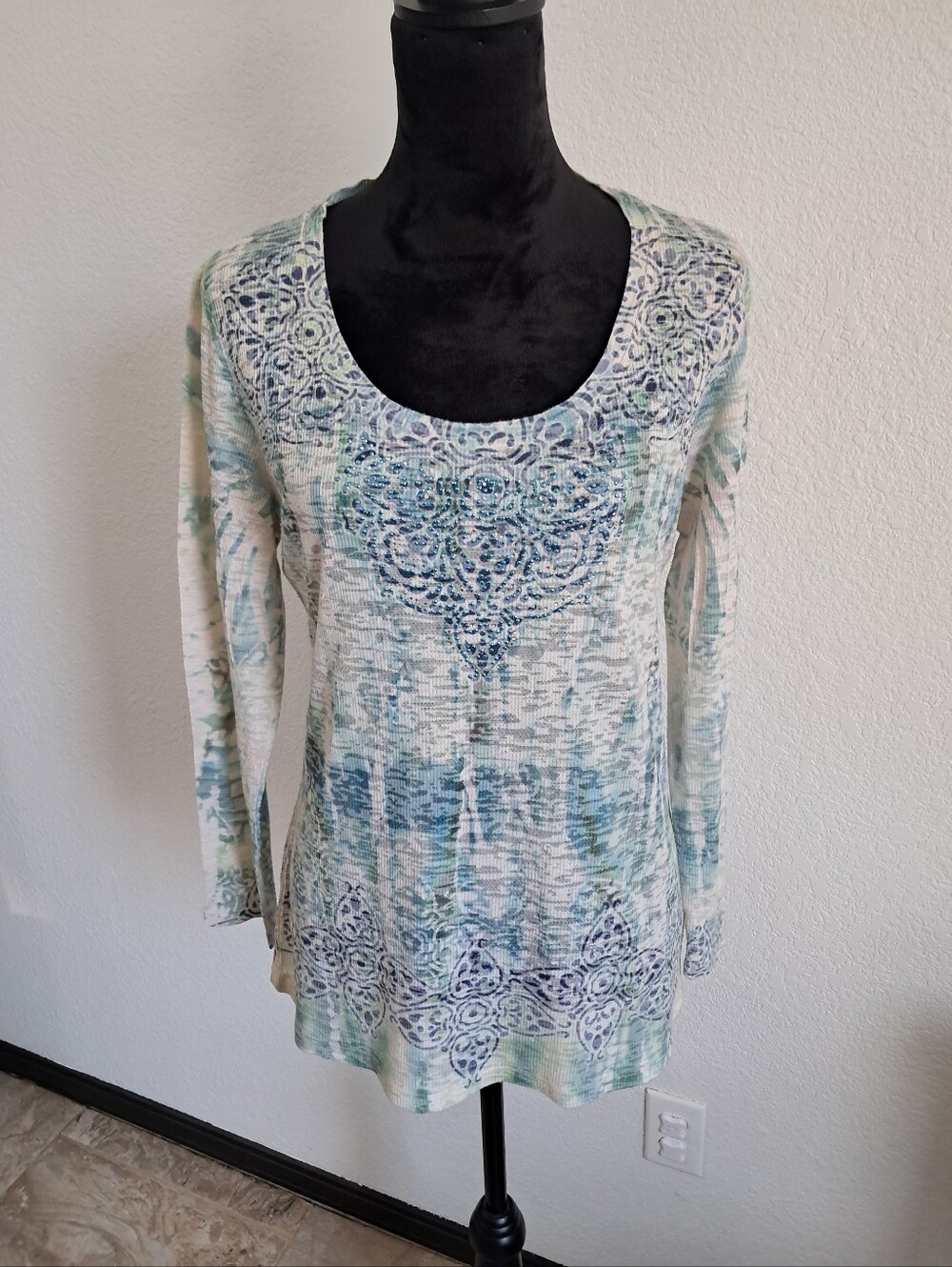 Kiara Abstract Medallion Top Long Sleeve Semi Sheer Gem Accent Y2K Vibes Artsy
